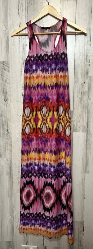 Just Love Aztec Ikat Maxi Dress Womens Medium Pink Purple Tie Dye Racerback Long thumbnail 1