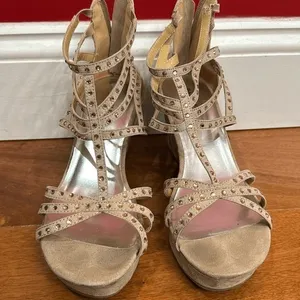 Badgley Mischka Wedge Sandals Womens Tan‎ Suede Rhinestone Strappy Cage 5M thumbnail 2
