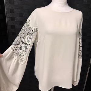 Ann Taylor Gauzy Blouse Womens S Cream Lace Crochet Lantern Sleeve‎ Boho Office thumbnail 1