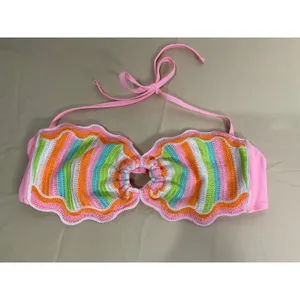 No Boundaries Crochet Bandeau Bikini Top‎ Pink Multi Stripe Large 12-14 NEW thumbnail 3