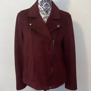 Like New! Old Navy Women's Burgundy Velour Faux Suede Moto Jacket Size Large thumbnail 3