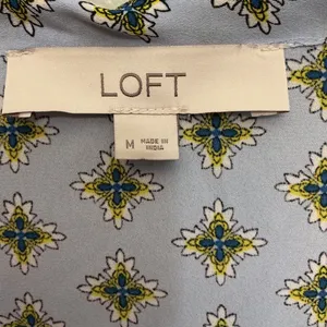LOFT Womens Blue Geometric Medallion Ruffle Cap Sleeve Tie V-Neck Blouse Size M thumbnail 6