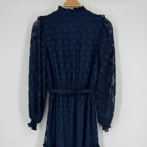 Moon River‎ Navy Polka Dot Midi Dress Small Sheer Long Sleeve Ruffle Tie Belt thumbnail 7