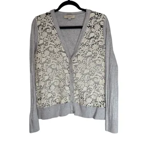 LOFT Gray Lace Front Cardigan‎ Sweater Long Sleeve Button Up Women's Size L thumbnail 2