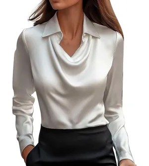 Off White Satin Cowl Neck Long Sleeve Blouse Pointed Collar Elegant Top XL thumbnail 1