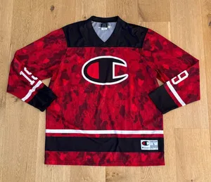 Champion Hockey Jersey No 19 Size L Red Black White Camo thumbnail 1