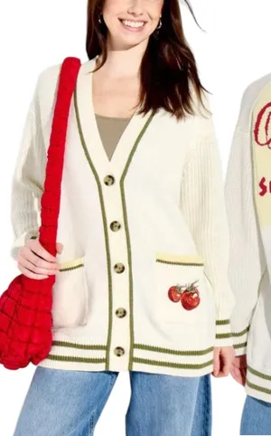 33 Degrees XS Cream Tomato Graphic Chunky Knit Cardigan Cottage Farmer's Market thumbnail 1