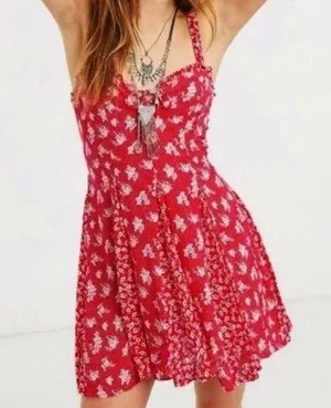 Free People Dont Dare Red Mixed Floral Mini Dress thumbnail 1