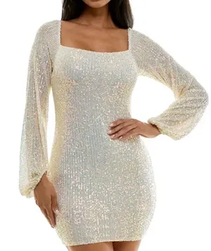 Speechless Iridescent Sequin Mini Dress Cream Square Neck Tie Back Size XS‎ NEW thumbnail 1