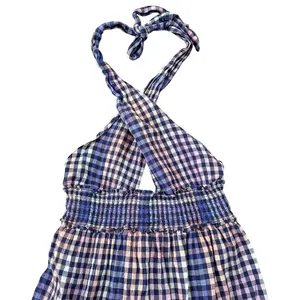 Aerie Halter Mini Dress Blue Pink Gingham‎ Plaid Smocked Waist Ruffle Hem Medium thumbnail 3