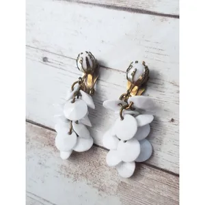 Vintage Clip On Earrings White Dangle - 1 & 5/8" Long thumbnail 2