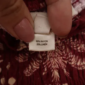 Monteau Los Angeles Strapless Maxi Dress XS Burgundy Tropical Palm Linen Blend thumbnail 3