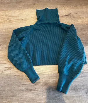 Aritzia Wilfred Teal Blue Ultra Cropped Turtleneck Ribbed Knit Sweater thumbnail 1