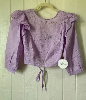 Milk & Honey Lavender Eyelet Ruffle Crop Top Purple Lace Up Back Long Sleeve M thumbnail 1