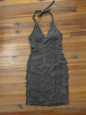 Caché Vintage Y2K Bronze Metallic Halter Dress Womens 8 Petal Tiered Midi thumbnail 3