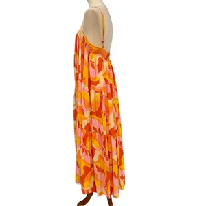Abel The Label Boho Abstract Tiered Trapeze Maxi Dress Orange Pink, Size M thumbnail 5