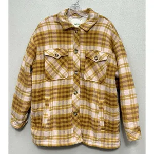 Aerie Womens Shacket Shirt Jacket Small Yellow Pink Plaid Flannel Sherpa Lined thumbnail 3