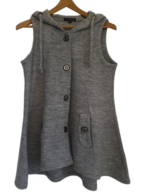 For Cynthia Womens 100% Wool Sleeveless Hooded‎ Cardigan Sweater Gray Sz S thumbnail 1