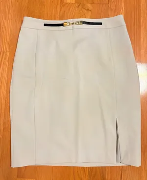 Express Women's Beige Pencil Skirt with Gold and Black Belt Detail, Size 8 thumbnail 1
