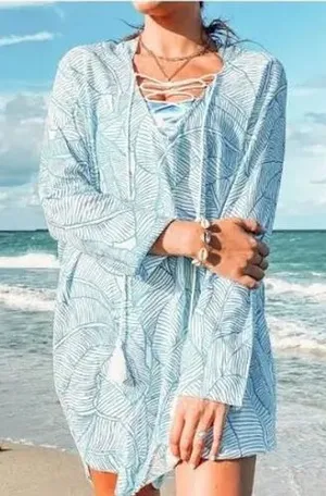 Charlie Holiday Blue White Leaf Print Lace Up Tunic Cover Up Dress XS‎ thumbnail 1