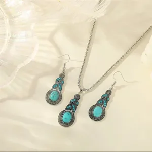 Set 3 pc Vintage Style Blue Crystal Inlaid Turquoise Pendant With Lantern Chain thumbnail 3