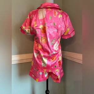 Women's Pink Satin Short Pajama Set with Cocktail Print thumbnail 3