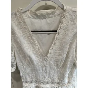 Womens White Lace Overlay Midi Dress Size Small Puff Sleeve Cottagecore Coquette thumbnail 4
