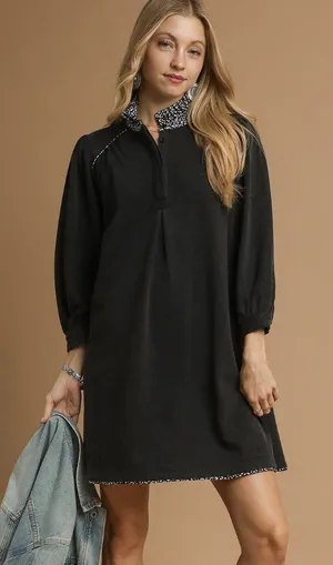 Umgee French Terry Balloon Sleeve Shift Dress with‎ Leopard Print Detail thumbnail 1