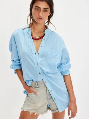 NWT We The Free Light Blue Striped Button-Up Shirt thumbnail 3