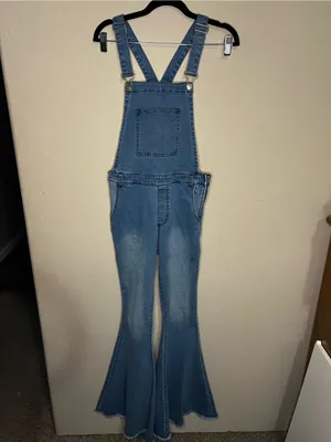 Pink Lily Flare Bell Bottoms Raw‎ Hem Boho Overalls thumbnail 2