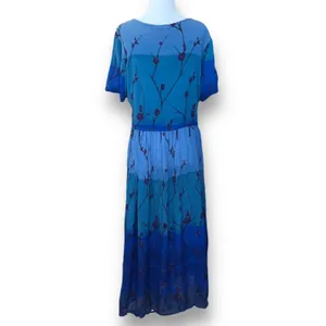 Vintage 90s Ombre Blue Dark Floral Crinkle Dress Short Sleeve Maxi‎ Festival thumbnail 5