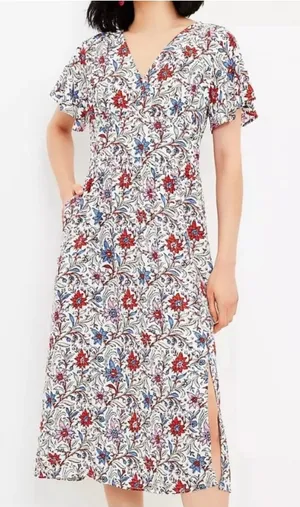 LOFT Floral Flutter Sleeve Midi Pocket Dress size 4 cute w/a Jean jacket thumbnail 1