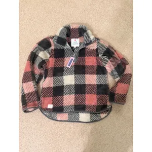 Simply Southern Buffalo Plaid Sherpa Fleece Quarter Zip Pullover Pink Small NWT thumbnail 3