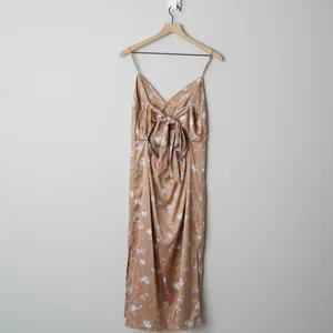 Pink Rose Floral Midi Dress Slit Side Open Tie Bow Back Spaghetti Strap Spring L thumbnail 4