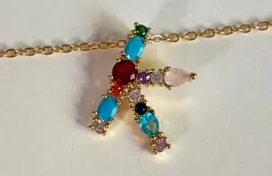 Gold Multicolor Gemstone Letter Necklace - Women's Jewelry thumbnail 1