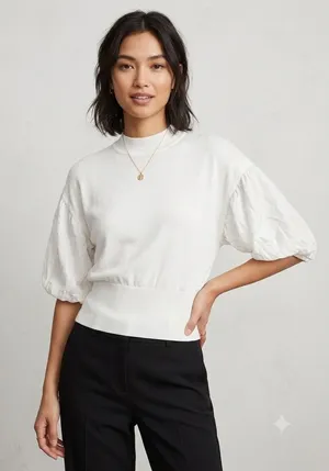 Club Monaco Womens White Mixed Media‎ Puff Sleeve Mock Neck Sweater Small S/P thumbnail 1