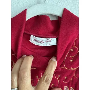 Vtg Vanity Fair Velour Maxi Robe Gown Red Gold Embroidered Zip Housecoat Large thumbnail 9