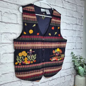 Vintage Bobbie Brooks Fall Corduroy Vest Embroidered Scarecrow Barn Patchwork L thumbnail 2