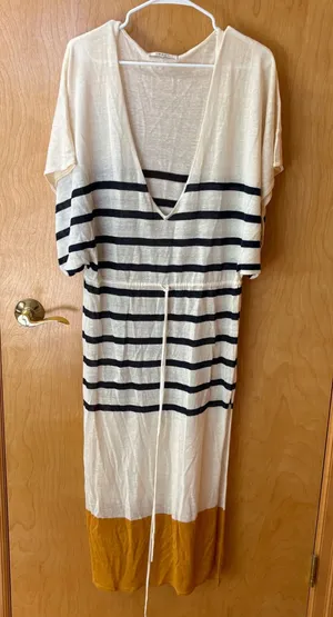 FRAME Striped Maxi Dress Womens S Cream Navy Mustard Linen Blend V-Neck Slit thumbnail 1