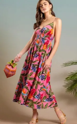 By the River Pink Tropical Print Spaghetti Strap Maxi Dress V-Neck Size Medium thumbnail 1