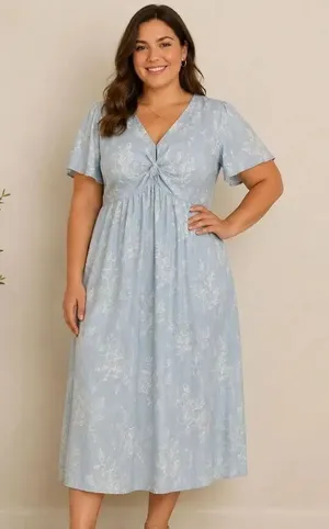 Charlie Paige Linen Blend Baby Blue Floral Midi Dress XL Coastal Boho #700 thumbnail 1