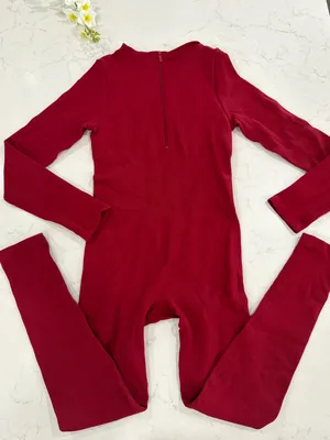 Ribbed Long-Sleeve One-Piece Jumpsuit in Burgundy thumbnail 2
