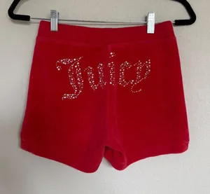 Juicy Couture Red‎ Velour Rhinestone Logo Shorts Vtg Y2K McBling Baddie Small thumbnail 1