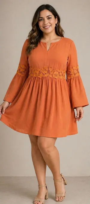 Easel Orange Lace Detail‎ Bell Sleeve A Line Dress Women's Size M thumbnail 1