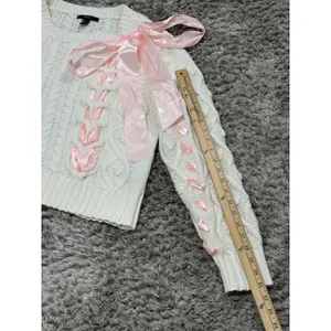 Women’s Ivory Chunky Cable Knit Sweater Pink Ribbon Bow Oversized Himekaji L thumbnail 11