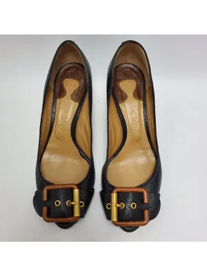 Chloe Leather Buckle Peep Toes Kitten Heels Slip On Pumps Size 37 Black thumbnail 6