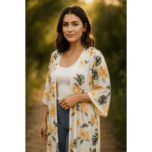 SirenLily White Green Tropical Magnolia Print Mesh Duster Medium thumbnail 8