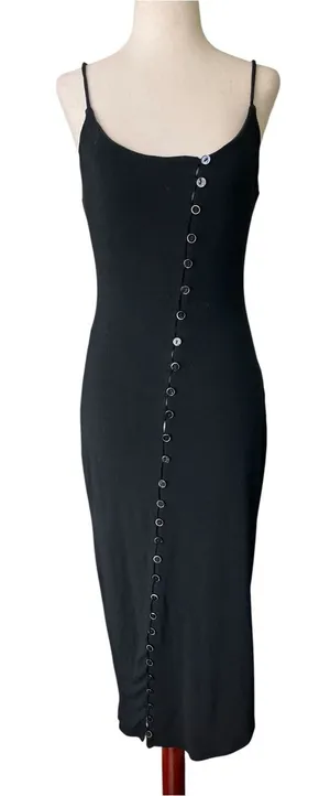 Blanc black ribbed-knit midi dress with asymmetric curved row of front buttons thumbnail 1