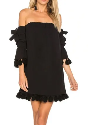 MISA Los Angeles Black Off Shoulder Tassel Mini Dress Boho Festival S thumbnail 1