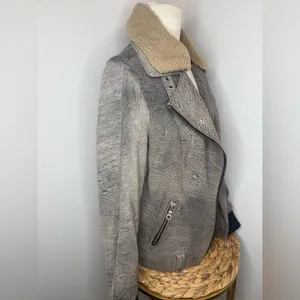 ASOS Gray Bomber Suede Leather Jacket Moto faux Sherpa Shearling Collar thumbnail 4